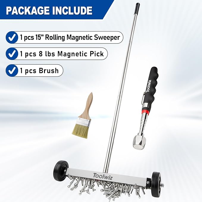 Toolwiz 15" Rolling Magnetic Sweeper with Telescopic Magnetic Pick Up Tool | 10lbs Capacity Sweeper, 16lb Magnetic Pick Up Tool, Lightweight with Wheels, For Nails, Screws & Metal Debris