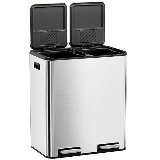 TLSUNNY 2 X 8 Gallon Double Compartments Kitchen Trash Can, Stainless Steel | Dual Trash and Recycling Bins with Odor Control, Soft-Close Lid, Removable Inner Bucket, Handle, Pedal, for Home, Silver