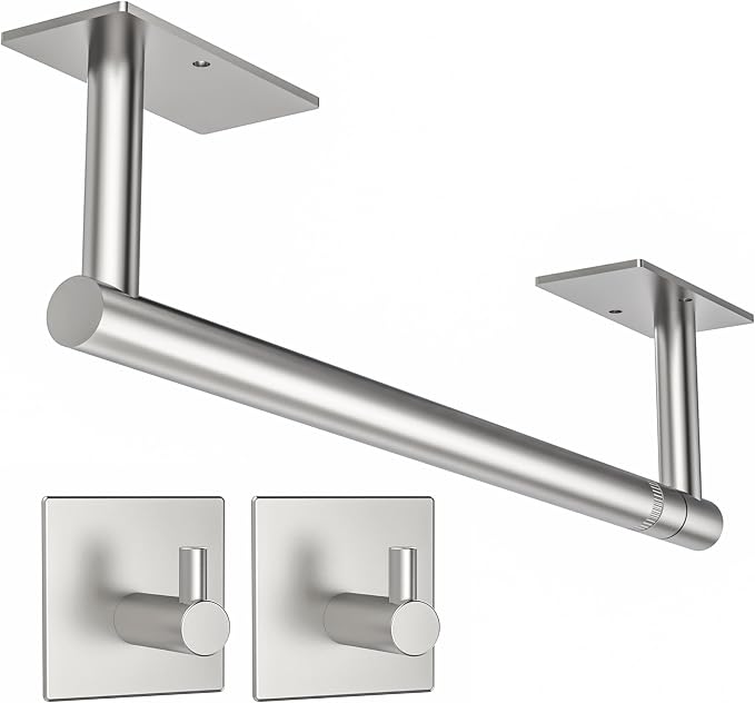 Paper Towel Holder Under Cabinet with 2Hooks Self Adhesive Silver | Brushed Nickel 304 Stainless Steel Post Pivoting Design, Wall Mount for Kitchen Waterproof & Rustproof, Square Base