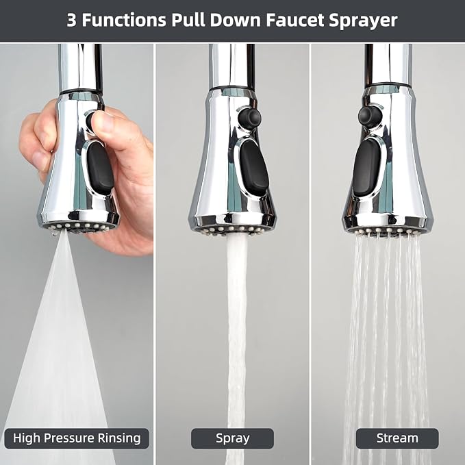 Hibbent Pull Down Spray Head for Kitchen Faucet, 3-Function Spray Nozzle | NSF/ANSI/CAN 61/372 & cUPC Certified Sink Faucet Head Replacement, 15 Adapters, Compatible with Moen, Delta, Kohler, Chrome
