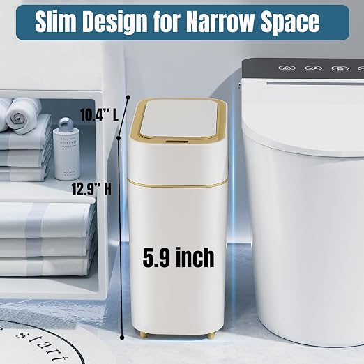 2-Pack Automatic Bathroom Trash Can with Lid, Slim Motion Sensor Garbage Can, Waterproof Touchless Trash Bin, Smart Trashcan for Bedroom, Living Room, Narrow Space, 2.3 Gallon, White+Gold Trim