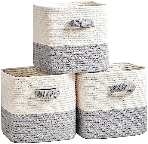 R RUNKA Storage Cube Baskets for Organizing- 3 Pack- 11 inch Square Baskets for Cube Storage, Closet Storage Bins- Woven Cube Storage Bins for Shelves- Ideal for Toy Storage |White & Grey