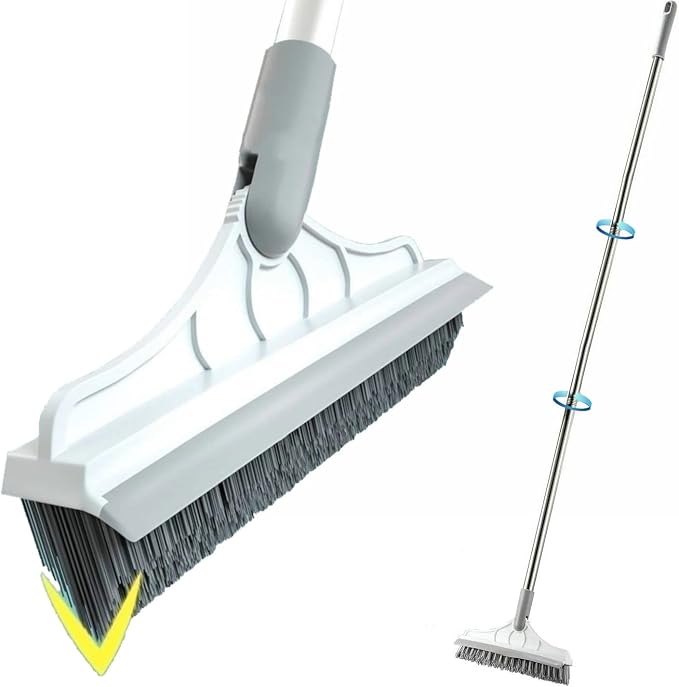 2 in 1 Cleaning Scrub Brush Grout Brush Scrapee 3 Poles 47.6'' Floor Scrub Brush with Long Handle V-Shape Stiff Bristle Brush Scrubber with Squeegee 120°Rotate Shower Cleaning Brush for Bathroom Glass