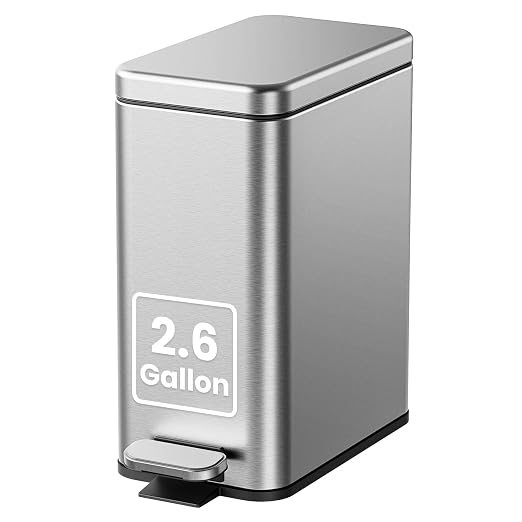 Cesun 2.6 Gallons Small Bathroom Trash Can with Lid Soft Close, Silver | Removable Inner Bucket, Small Stainless Steel Garbage Can for Bedroom/Office, Hands-Free Step Pedal, Fingerprint-Resistant