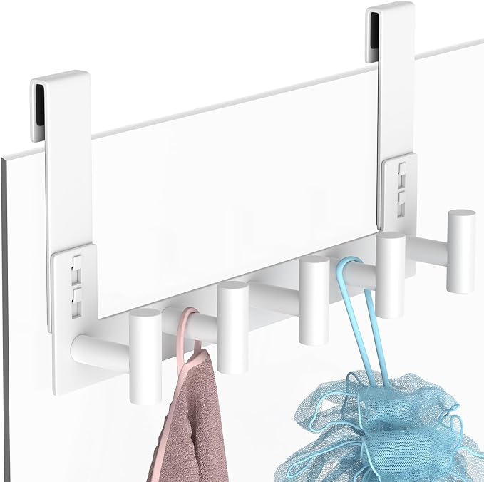 PMMASTO White Extra-Long Shower Door Hanger, 5 T-Hooks, Fits 3/8-Inch Glass | Extra-Long Heavy-Duty Stainless Steel, 5 T-Shaped Hooks, for Bathrobes and Towels on Frameless Glass Shower Doors