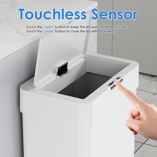Sensor Trash Can, Touchless Motion Sensor Trash Bin | Smart Automatic Garbage Can with Soft-Close Lid, Bag Retainer Ring and Display Light, for Kitchen, Office (White, 18.5 Gal)