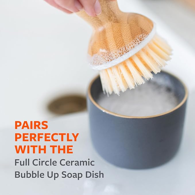 Full Circle Bubbly Palm Brush, Dish Scrub Brush for Nonstick, White, 2pk | Family-safe & formaldehyde-free, with an ergonomic handle for effortless cast iron, nonstick & sink cleanup.
