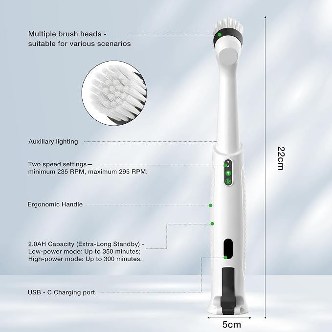 Electric Grout Cleaner, Electric Spin Scrubber, 5 Magnetic Heads | Rechargeable Waterproof Power Scrubber for Tile Grout, Bathroom, Kitchen, Sink & Crevices