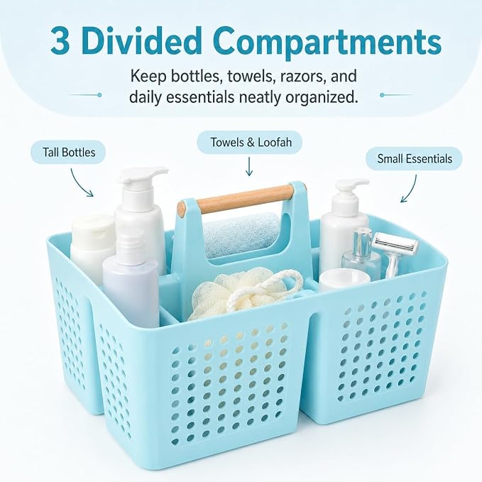 Portable Shower Caddy Basket with 3 Compartments and Handle, Light Blue | Plastic Divided Toiletry Organizer for Bathrooms, Guest Rooms, Spa Areas, Skincare, Pools, Vanities and Dorms