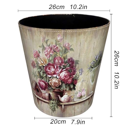10L/2.64 Gallon Trash Can, Decorative Waste Basket, PU Leather Waste Paper Basket, Waterproof Garbage Can for Bathroom, Bedroom, Office, Kitchen and Living Room - Flower-5