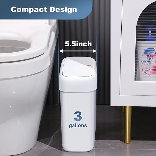 JOYBOS Bathroom Trash Can with Lid, 3 Gallon Small Garbage Can, 10L Dogproof Slim Plastic Narrow Trash Bin with Pop-up Lid for Toilet, Office, Bedroom, Living Room, White