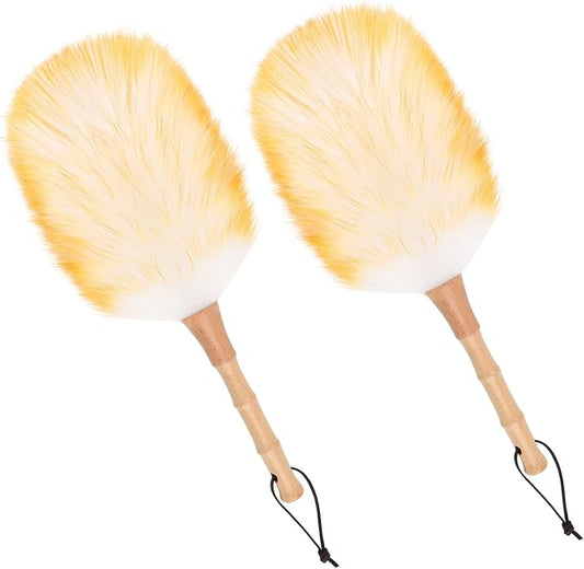 Lambswool Duster for Cleaning with Solid Wooden Handle Leather Hang Strap 14.9 inch Natural Feather Duster for Cleaning Ceiling Fans Window Blinds Computer Furniture(2 Pack)