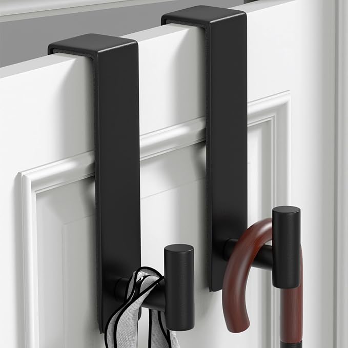 PMMASTO 7.5 Inch Over The Door Hooks, Black- 2 Pack, T Shape | Stainless Steel Door Hooks Organize Coats Towels Robes in Bathrooms Bedrooms Closets