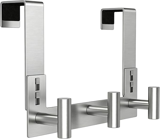 PMMASTO Door Hanger for 1-3/4 Inch Doors, Silver- 3 Hooks, T Shape | Stainless Steel Door Hooks Organize Coats Towels Robes in Bathrooms Bedrooms Closets