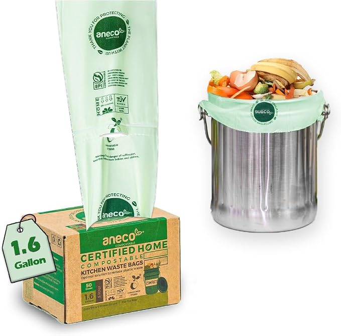 ANECO 100% Home Compostable Food Waste Bags, 1.6 Gallon, 50 Count | Small Kitchen Compost Bags for Countertop Bin, Certified by BPI (ASTM D6400), TUV Austria & OK Compost Home
