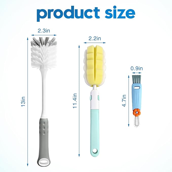 Bottle Brush Cleaner Set for Bottles, Cups and Straws Cleaning, 14 Pack | Long Handle Bottle Brushes | Sponge Brush | 3-in-1 Lid Cup Cleaning Brush | Straw Brushes in Assorted Diameters