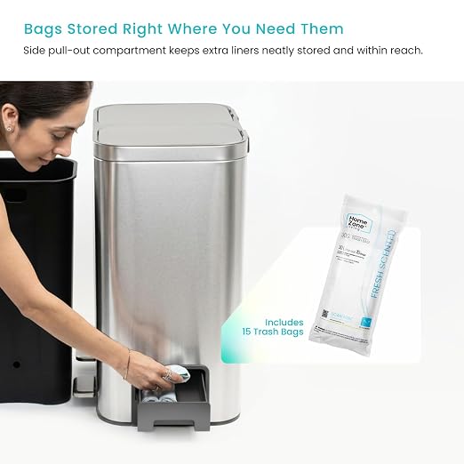 Home Zone Living 13 Gallon Kitchen Trash Can with Dual Compartments | Stainless Steel with Soft-Close Step Pedal Lids for Recycling and Bag Storage Drawer, Rectangular Design, Silver