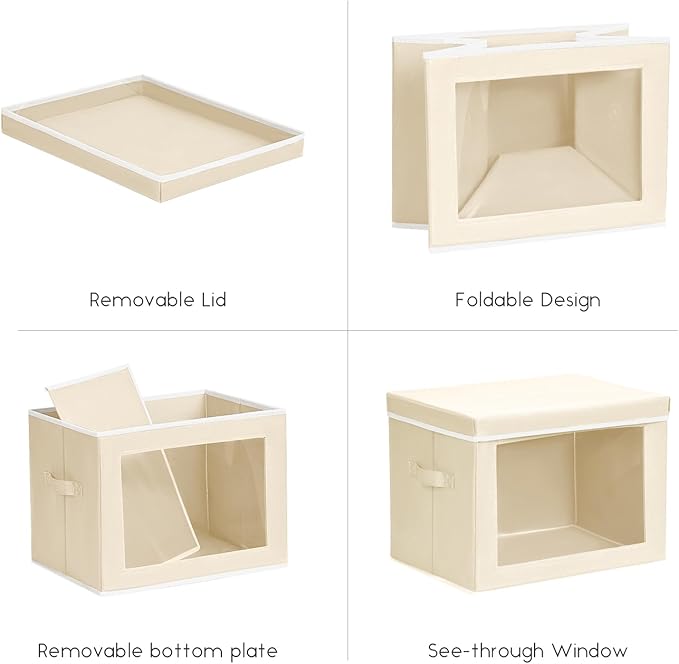 Homsorout Storage Bins with Lids - Small Fabric Organizers with Window, Collapsible Storage Bins for Clothes, Decorative Closet Organizers for Towels, Tshirt, 3 Pack, Beige