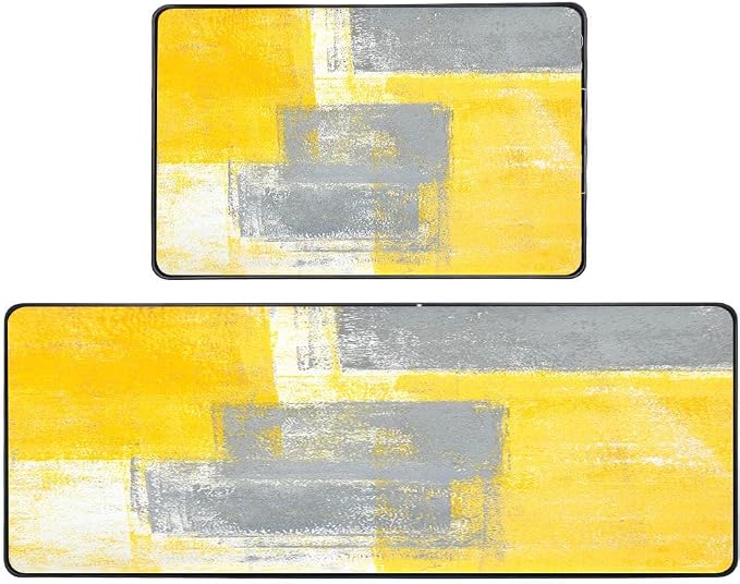 TOMWISH Grey and Yellow Kitchen Mat Non Skid Washable Kitchen Rug | Yellow Abstract Art Painting Kitchen Sink Rug 2 Piece Floor Mats for Home Kitchen 18"X48"+18"X30" Decor and Accessories
