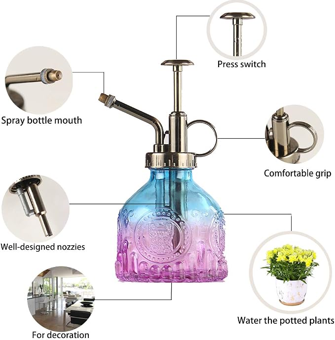 Plant Mister Glass Spray Bottle Small Plant Watering Can 6.4" Tall Retro Indoor Watering Can Bronze Plastic Top Pump for Garden Indoor Plant Sprayer (Blue Violet Gradient)
