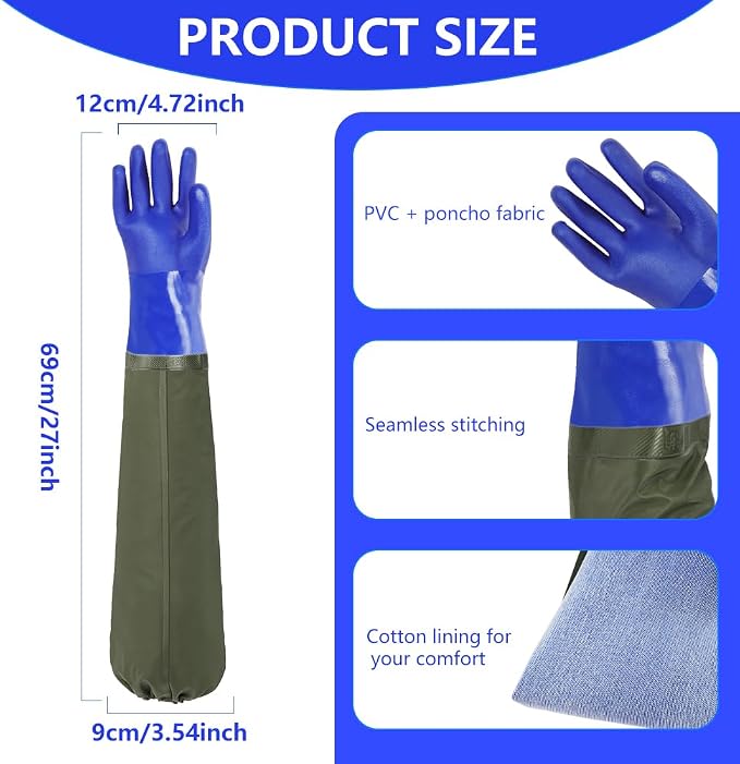 AUAUY 27" PVC Chemical Resistant Gloves, Long Rubber Gloves | Heavy Duty, Waterproof Reusable Long Sleeve Glove for Cleaning Suitable for Chemical, Acid, Alkali and Oil Work