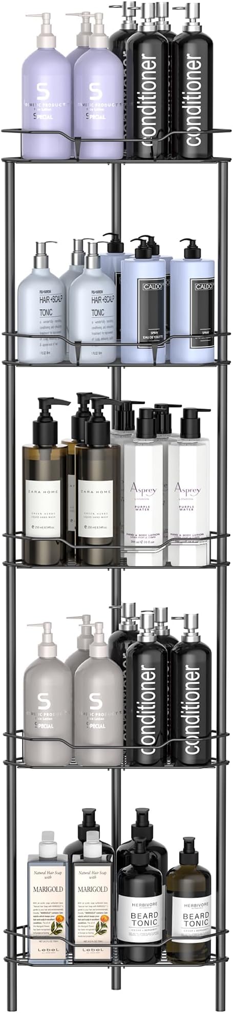 HuggieGems Metal Floor Standing Corner Shower Caddy, Matt Black, 5 Tier | Adhesive Bathroom Organizer Shelves, Free Standing Shower Rack with Hooks, Hold Large Shampoo Bottles