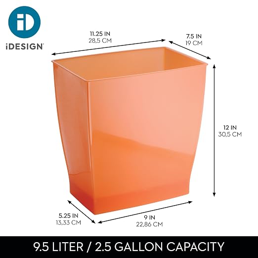 iDesign Small Plastic Bathroom Trash Can, Slim Rectangle, 2-Pack, Orange | Bedroom, Office, Dorm