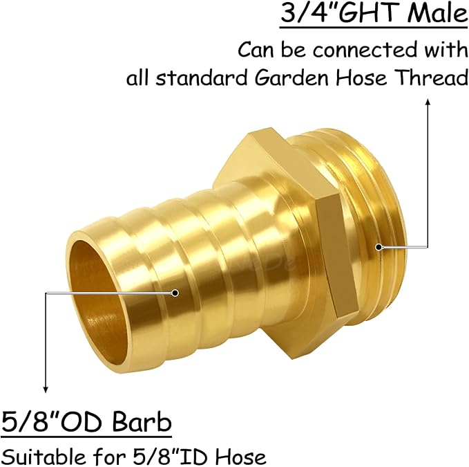 Uenede Brass 5/8" Barb x 3/4" GHT Male Garden Hose End Connector, 2PCS | Splicer Mender Repair Fitting Fit for 5/8"ID Garden Hose Includes Clamps