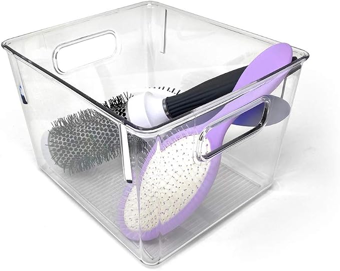 Isaac Jacobs 3-Pack Medium Clear Storage Bins with Handles | Plastic Organizer for Home, Room, Office, Fridge, Kitchen/Pantry Non-Slip Container Set, Food Safe, BPA Free (3-Pack, Medium)