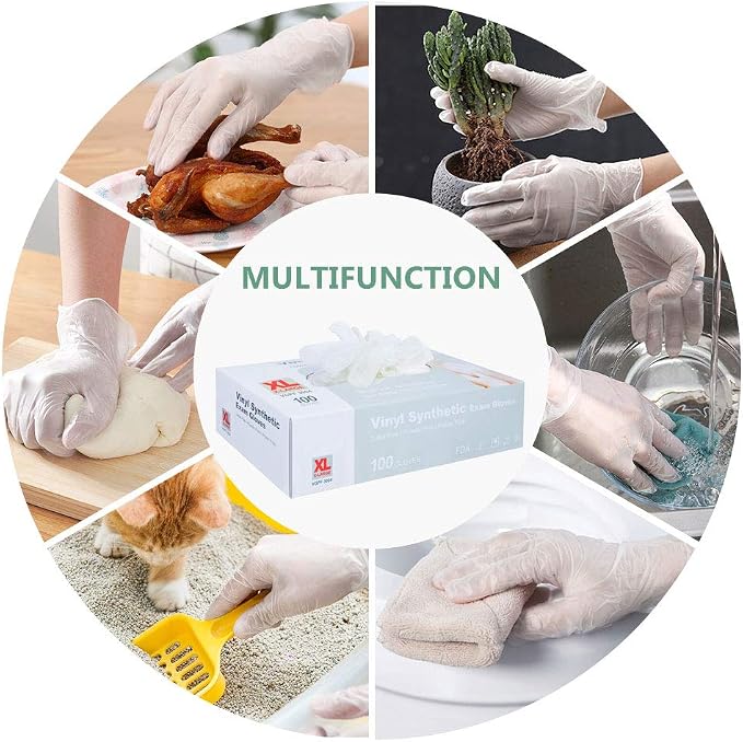 squish Disposable Gloves, 100 Count 4 mil Clear Vinyl Gloves Latex Free Powder-Free Health Glove Cleaning Rubber Glove for Kitchen Cooking Cleaning Food Handling, Large