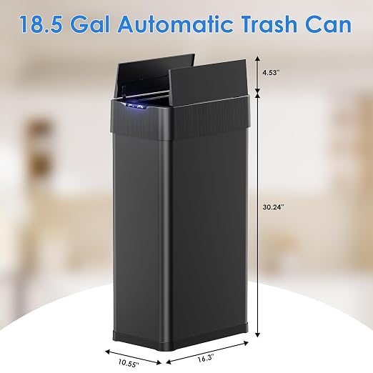 TLSUNNY 18.5 Gallon Automatic Trash Can, Motion Sensor Garbage bin | Stainless Steel Smart Trash Can W/ Butterfly Lid, Bag Retainer Ring for Living Room, Kitchen, Office (Black, 70L)