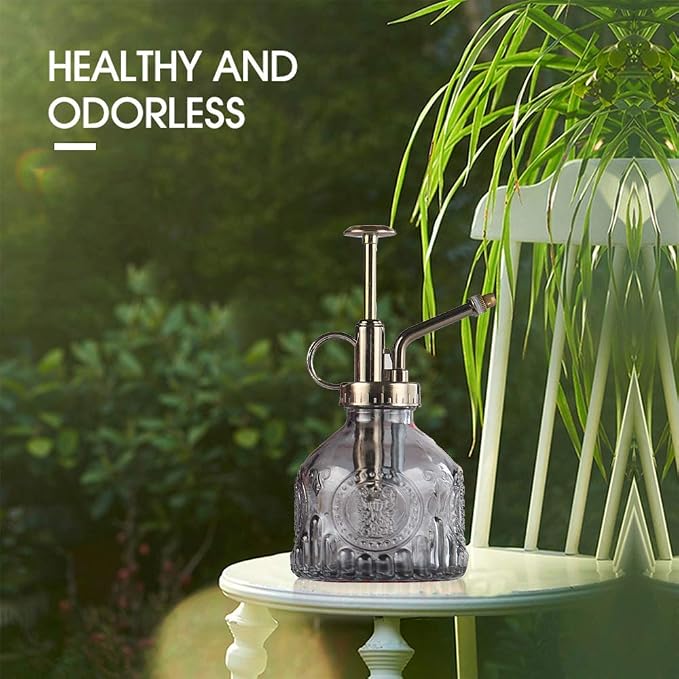 Plant Mister Glass Spray Bottle Small Plant Watering Can 6.4" Tall Retro Indoor Watering Can Bronze Plastic Top Pump for Garden Indoor Plant Sprayer (Grey)