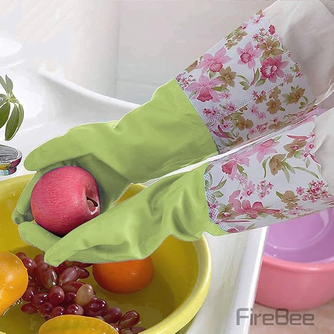 Rubber Latex Waterproof Dishwashing Gloves,Long Cuff and Flock Lining Household Cleaning Gloves 2 Pair