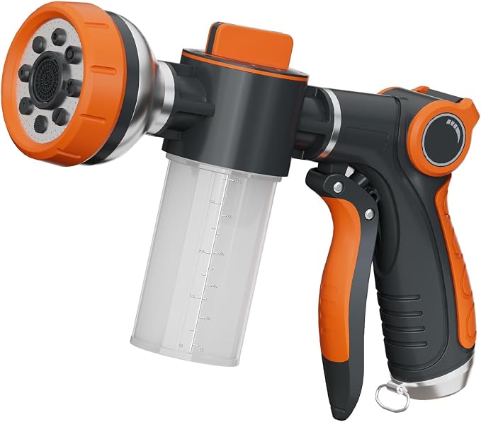 Garden Hose Nozzle,8 Patterns Hose Sprayer High Pressure,Heavy Duty Dog Wash,Metal Water Hose Nozzle with Soap Dispenser,Car Wash Foam Gun
