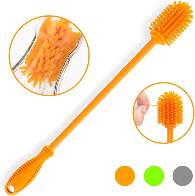 Silicone Bottle Brush with Long Handle, 12.5" Bottle Cleaning Brush, Orange | Water Bottle Cleaner for Baby Bottles, Hydro Flask, Sports Bottle, Vase, Glassware, for Smaller Diameter Bottle Openings
