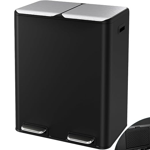 Arlopu 16Gal Dual Trash Can w/2 Built-in Box for Odor Control | Hands-Free Kitchen Garbage Bin, Recycle Waste Dustbin, Soft-Close Lid, 2 Buckets, Foot Pedal, Side Handle, for Home (Black)
