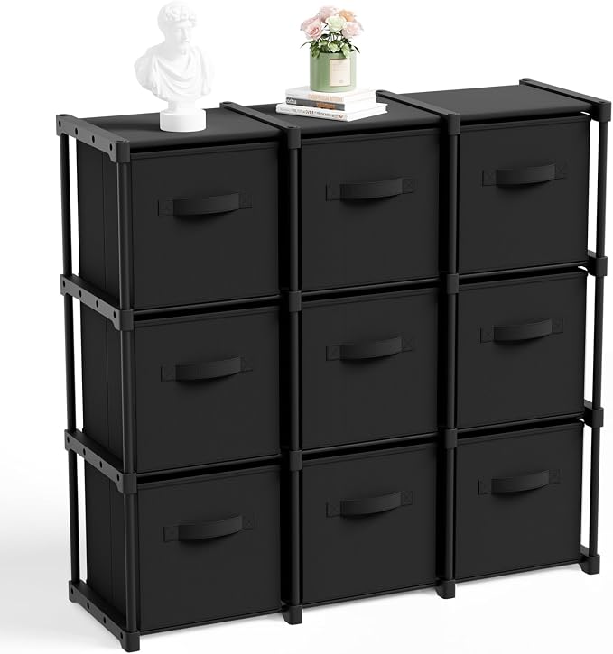 Briwooody 9 Cube Storage Organizer Bins with Shelf, Black | 11x11'', Storage Organizer, Toy Storage Box, Back to School, Dorm Organizer, Fabric Drawers, Playroom Bedroom Storage Cabinet