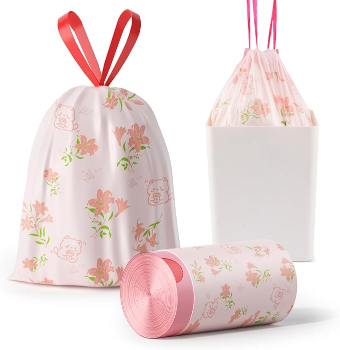 Trash bags, 4 Gallon Trash Bags Drawstring, Colorful & Portable Small Trash Bags with Lily Printed, Tear-Resistant Garbage Bags 4 Gallon for Bathroom Office Trash Cans, 78 Count