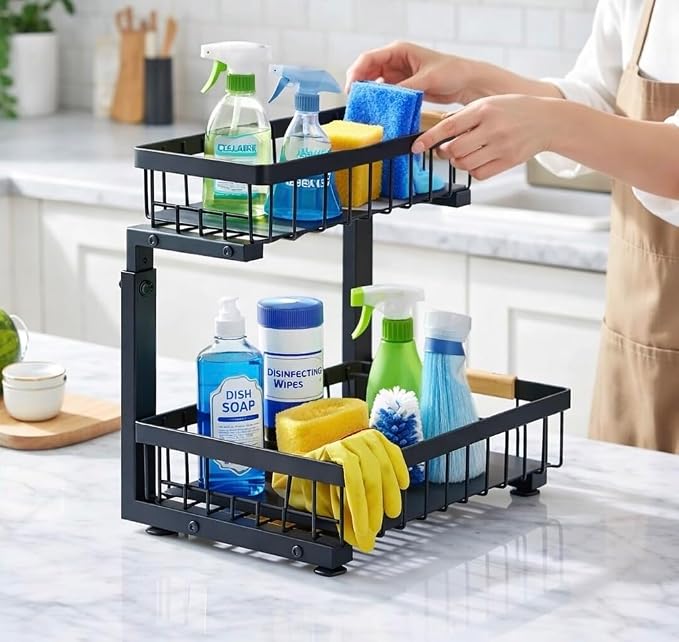 Lumela Under Sink Organizer, 2-Tier Slide-Out Cabinet Organizer Shelf, Height Adjustable Metal Pull-Out Storage Rack with Wood Handle for Kitchen & Bathroom Cabinets (Black)