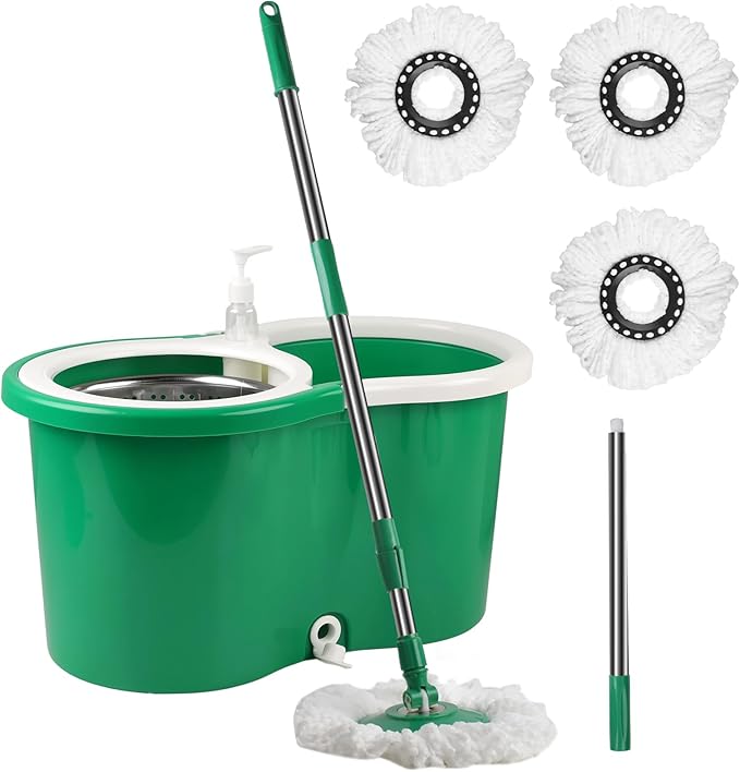 Spin Mop and Bucket with Wringer Set, 3 Microfiber Mop Heads, 61" Handle | 360° Spinning Mop System with Stainless Steel Adjustable Handle & 3 Microfiber Replacement Heads for Floor Cleaning