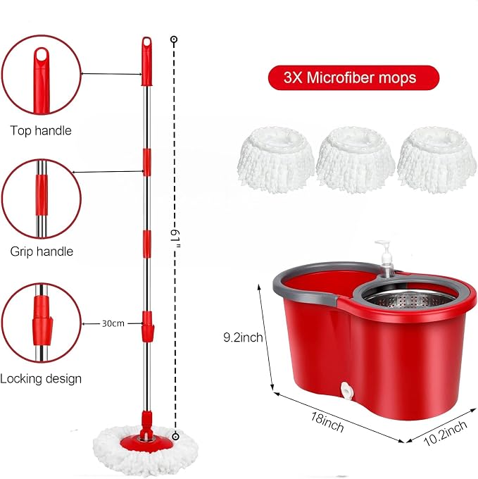 Spin Mop and Bucket with Wringer Set, 360° Spinning Mop Bucket System with 3 Microfiber Mop Replacement Heads Refills,56" Stainless Steel Extended Handle for Floor Cleaning Home(20QT) (Green) (Red)