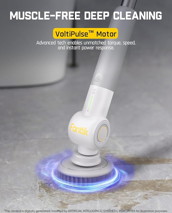 Fanttik Flip G9 Pro Electric Scrubber, VoltiPulse Motor, for Bathroom | Dual-Speed Cleaner with 6 Brush Heads, Adjustable Angle & Extendable Handle, IPX7 Waterproof, Type-C Charge, White
