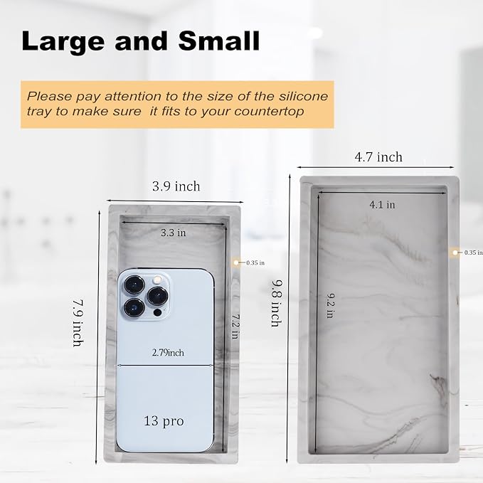 Silicone Bathroom Vanity Tray Dish Soap Holder Sink Organizer, Marble Grey | 2 Pack, Thickened Silicone, Easy to Clean, Waterproof, Non-Slip, for Countertop, Kitchen, Bedroom, Dresser