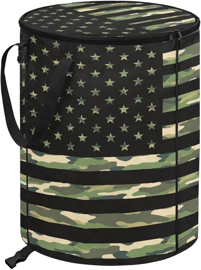 24Gal American Flag Collapsible Trash Can Camo Waterproof Pop-Up Bin w/Lid for Camping & Backyard | Leakproof Yard Waste Bag (Patriotic Decor)