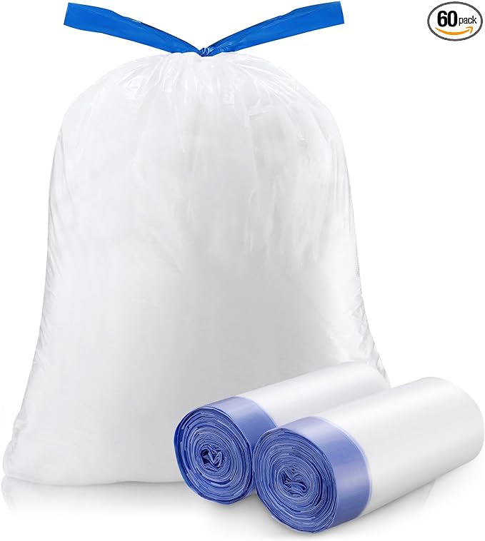 Trash Bags 6 Gallons Drawstring Garbage Bags 60 Count for Office, Living Room, Kitchen and Bathroom Trash Cans- Thickened, Stretchy, Unscented