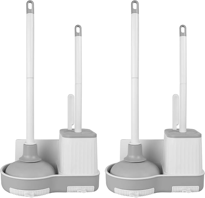 Silkyhose 2Pack Toilet Brush & Plunger Set with Crevice Brush | Wall Mount Holder. Built-in Storage. Non-Slip Grip. Sturdy & Durable. Rust-Resistant. Easy to Install. For Household Cleaning