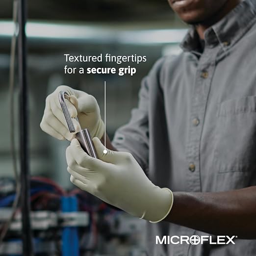 Ansell MICROFLEX Diamond Grip MF-300 Disposable Latex Gloves for Automotive, Healthcare, Machinery Industries - XS, Natural (Box of 100) | Natural, Size 6 (XS), unisex latex exam tear resistant gloves with textured grip, ideal for automotive & lab,100/...