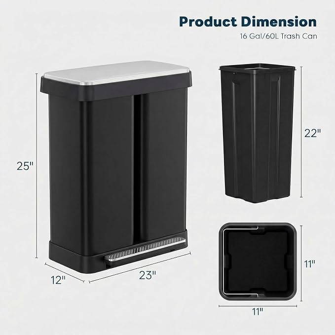 ComfyCorner 16 Gallon Dual Compartment Trash Can, Step-On Garbage Bin | Stainless Steel Hands-Free Recycling Rectangular Dustbin with Soft-close Lid, Removable Inner Buckets, for Kitchen Home