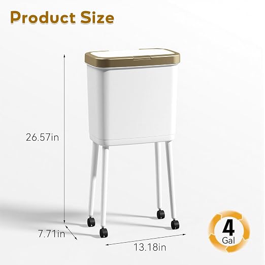 Procade 4 Gallon Bathroom Trash Can on Wheels,Slim Rolling Gold Garbage Can | Tall Skinny Trash Bin with Legs and Pop-Up Lid,Dog Proof Trash Bin,White Plastic Garbage Bin for Near Desk,Bedroom,Kitchen