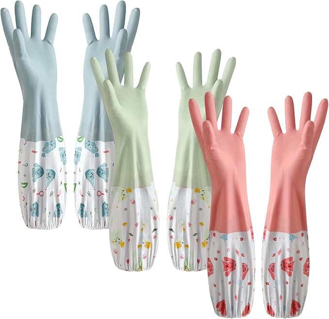 3pcs Dishwashing Cleaning Gloves, Waterproof Reusable Kitchen Long Gloves, Latex-Free Household Gloves for Laundry, Cleaning, Working, Gardening | PVC Material, Odorless. Elbow Length, Textured Grip, Heat-Isolating Lining. Ideal for Dishwashing, Garden...